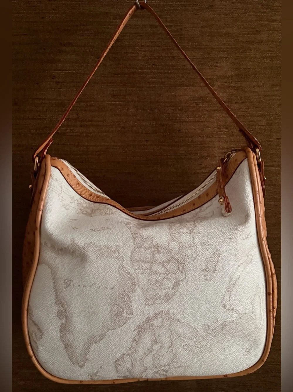 Alviero Martini 1a Classe Geo White Hobo Shoulder Bag Ostrich Trim Map Print